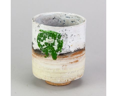 ROBIN WELCH (1936-2019); a stoneware cylindrical vessel covered in bands of glazes and enamels, impressed RW mark, height 12c