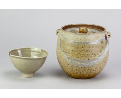 DAVID LLOYD JONES (1928-1994); a stoneware twin handled jar and cover covered in oatmeal glaze with copper red and white deco