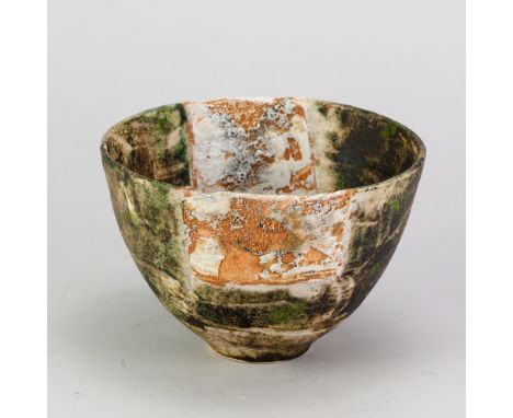 ROBIN WELCH (1936-2019); a stoneware bowl covered in mottled green glaze decorated with orange and white rectangular panels, 
