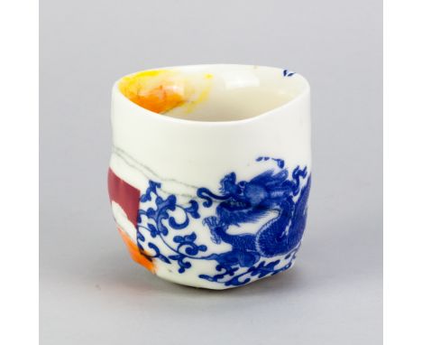 ASHLEY HOWARD (born 1963); 'Capture', a small porcelain vessel covered in white glaze with enamel dragon decoration, impresse