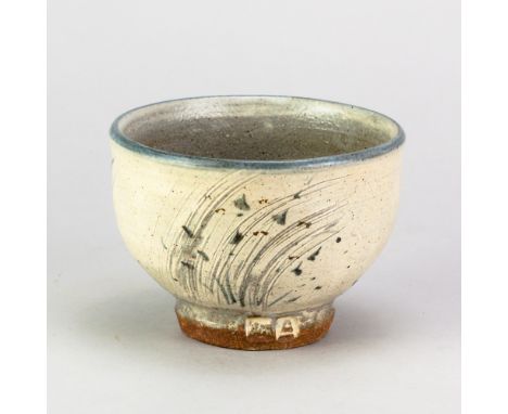 JIM MALONE (born 1946); a stoneware chawan covered in white and grey glaze with incised decoration and cobalt rim, impressed 