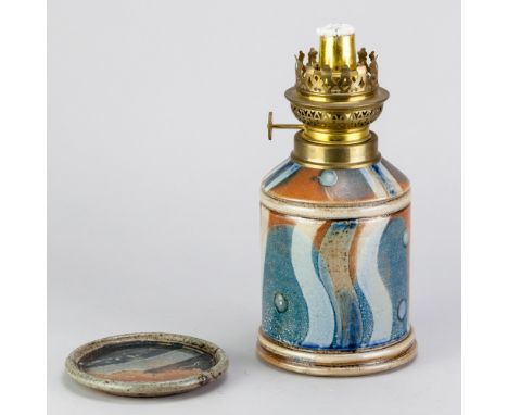 Poterie du Don; a salt glazed oil lamp, impressed pottery mark, height 23cm (including brass fitting), and a small salt glaze