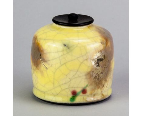 HORST KERSTAN (1941-2005); a raku jar and ebony cover covered in yellow crackle glaze with gold lustre and copper red and gre
