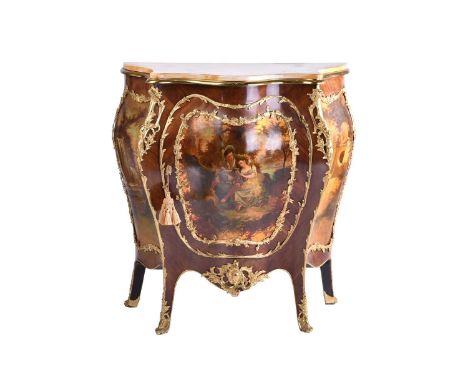 A Louis XV style marble topped Kingwood and Vernis Martin single door commode, 20th century, decorated with panels painted wi