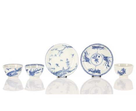 Two Chinese blue &amp; white porcelain tea bowls and saucers, 20th century, one painted with Fenghuang in flight within a dia