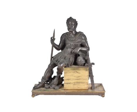 A 19th century French bronze, modelled as a seated Roman Emperor, holding a scroll and resting his arm on his helmet, his foo