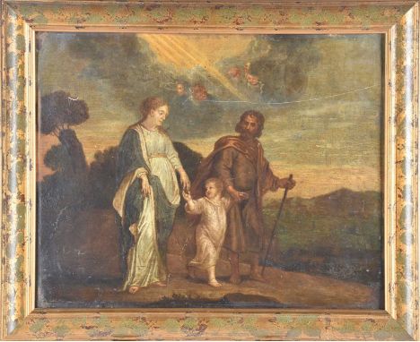 An 18th-century Spanish school flight of the Holy Family into Egypt (?) oil on tin panel. 27.5 cm x 34.5 cmSome surface scrat