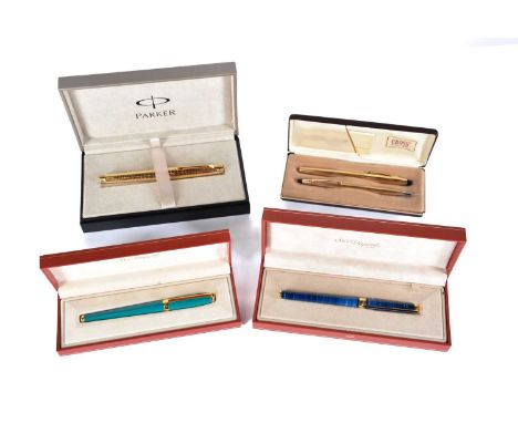 An S T Dupont blue banded Laque de Chine fountain pen, with 18ct gold nib, serial number 44CCA95; an S T Dupont Fidelio green