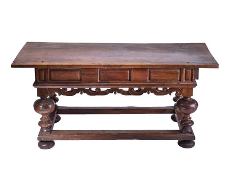 A 17th-century Dutch-style walnut and oak rectangular centre table, probably 19th century (Spanish?) with a thick one-piece t