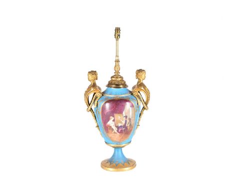 A large French porcelain vase shape table lamp, 19th century, in the Sevres style, painted with a scene after Charles Andre V