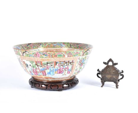 A large Chinese canton enamel bowl, mid 20th century, painted throughout with panels of figures within yunwen borders and int
