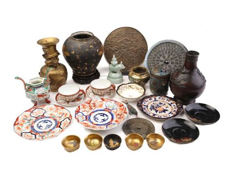 A collection of Japanese porcelain and metal wares, to include a Kutani censer, lacquer saucers and bowls, a cloisonne censer