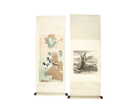 A Chinese scroll painting of magpies, signed for Yu Ji Gao, waterclour on paper, image 99cm x 52cm; and a monochrome scroll p