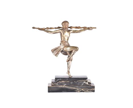 Pierre Le Faguays (1892 - 1962), Dancer with Thyrsus, circa 1930, cold painted and silvered bronze, signed on the marble 'Le 