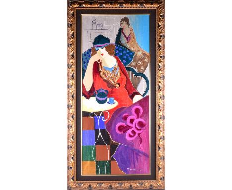 Itzchak Tarkay (1935 - 2012), Lady in a red dress seated in a cafe, signed, acrylic on canvas, 111cm x 47.5cmA private Bedfor