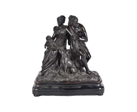 A large 19th century French bronze figure group, modelled as a mother holding a sleeping child, with male partner and a dog, 