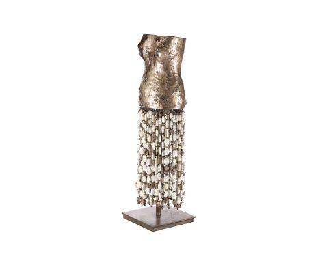 Stacey Jacobson (Current) silvered cast bronze beaded naked female torso sculpture with surface decoration on a simple plinth