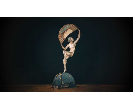 Marcel Bouraine (1886 - 1948) 'Dancer with fan', cold painted and silvered bronze, circa 1925, and an arched marble base, eng