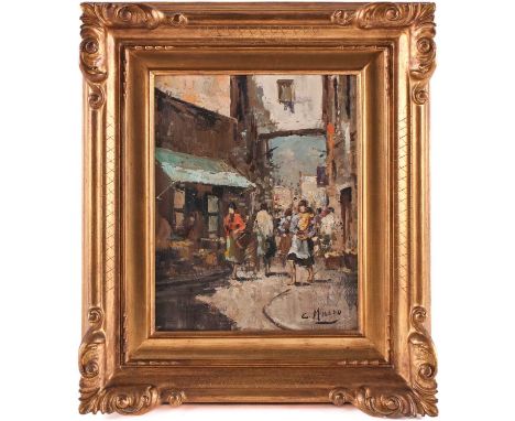 C Musso, 20th century, an Italian street scene, oil on panel, signed to lower right corner, 28.5 cm x 22.5 cm in a gilt frame
