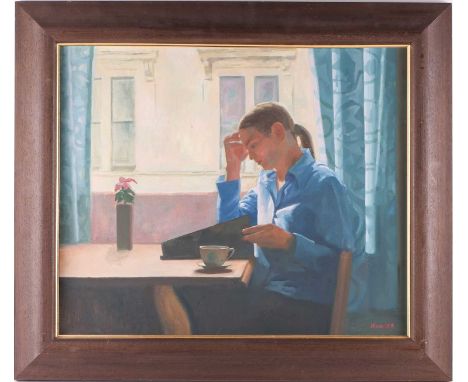 Hunter (contemporary British school), portrait of a woman, seated in profile, oil on canvas, signed to lower right corner, 49
