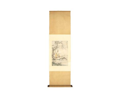 A Chinese watercolour scroll painting on paper, painted with a seated male playing the Qin, within a natural surrounding, ima