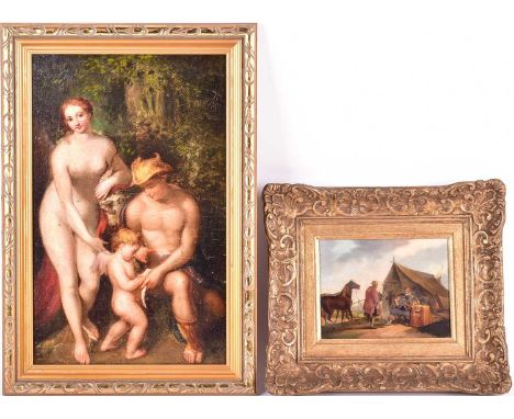19th century school, a figure with a horse, before a seated Civil War officer, small oil on canvas, 12 cm x 15.4 cm in a gilt