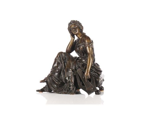 After Alfred Louis Habert ( French 1824-1893) "Terpsichore" a French 19th-century patinated cast bronze figure. 22 cm wide x 