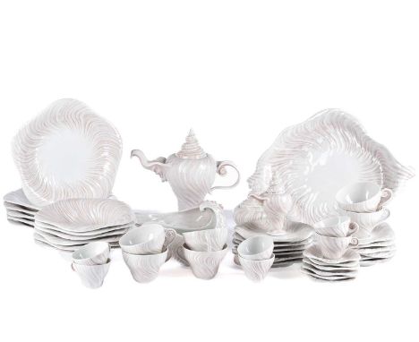 A Royal Copenhagen 49-piece pink Triton pattern coffee &amp; dinner service by Arje Griegst. Dimensions include the height of