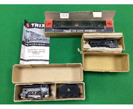 Three boxed Trix Twin 00 gauge locomotives including Green Warship D801, 0-4-0 goods engine and tender and an 0-4-0 tank engi