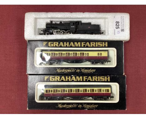 A Minitrix N gauge Ivatt 2-6-0 locomotive together with two boxed Graham Farish coaches in Red and Cream livery, untested.