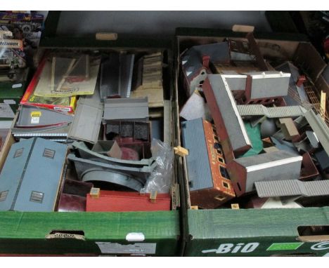 Two large boxes of OO scale plastic buildings by Hornby and others, including stations, goods sheds, bridges, shops, and a ch