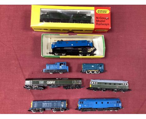 Eight N Gauge diesel and electric locomotives by Minitrix, Graham Farish and others, including GBRF Class 66, a boxed Class 3