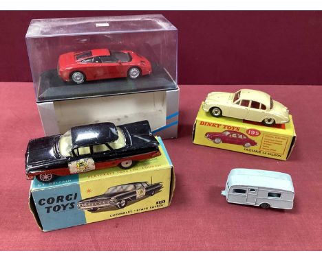 Dinky No 195 Jaguar 3.4 Saloon, cream, fair, good, boxed. Corgi No 223 'Chevrolet State Patrol'. repainted, boxed, a Minicham