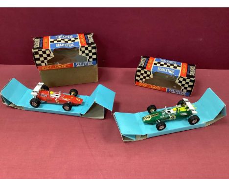 Two Original Scalextric Race Tuned Cars, No C9 Ferrari GP, red and No C8 Lotus Indianapolis GP, green, both appear complete, 