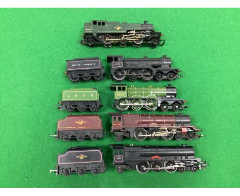 Five Triang OO gauge steam locomotives including two B12 class and two Princess class, and a 2-6-2 tank engine, playworn and 