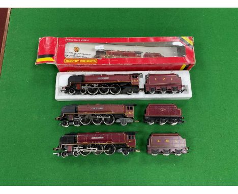 Three Hornby Tender Drive 00 gauge Duchess of Sutherland Locomotives in BR and LMS Red livery, two unboxed, one boxed (noted 