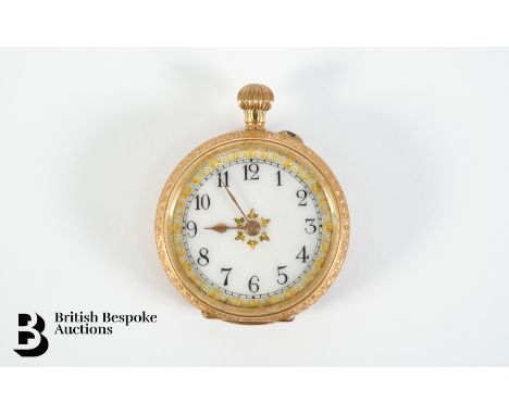 Lady's Continental 18ct gold and enamel open faced pocket watch, 27mm case, having a white enamel face with Arabic dial, hand