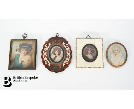 Four porcelain miniatures, including an early 20th century portrait miniature of a small girl wearing a blue hat and an ermin