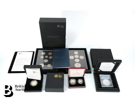 Collection of coins, including The Queen Elizabeth II Gothic Crown PCGS PR70 £5 approx. 28.28gms in the original box and plas