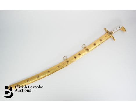 Decorative Turkish curved sword, single edge fullered blade, decorative scabbard, heightened with coloured beads and Arabic c