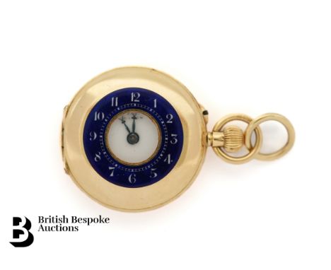 J.W Benson & Sons 18ct yellow gold manual wind half hunter fob watch, plain 25mm case, blue enamel bezel with Arabic numerals