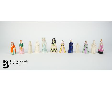 Collection of porcelain candle extinguishers, 19th century, including polychrome bishop, Red Riding Hood, two Crown Staffords
