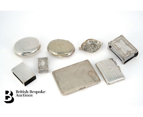 Silver smoking accessories, including a miniature match box cover Birmingham hallmark dated 1902; silver table match box cove