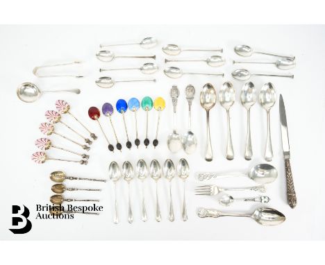 Quantity of silver tea and coffee spoons, including five silver and enamel spoons with thistle finial, Birmingham hallmark da