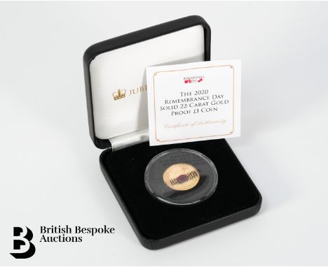 Queen Elizabeth II The 2020 Remembrance Day 22ct gold proof &pound;1 coin, approx. 8gms, as issued by Jubilee Mint in origina