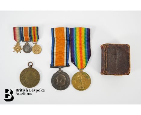 WWI medals, named to 114579 Pte K.K Bennett Durham Light Infantry together with miniatures and a bronze medallion awarded for
