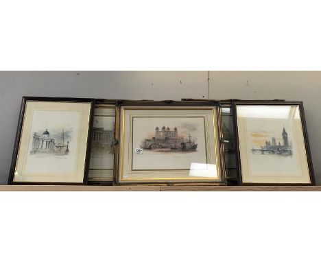 5 prints of London landmarks after Mads Stage - Westminster Palace, National Portrait Gallery &amp; St. Martin-in-the-Fields,
