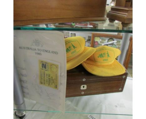 2 1985 England V Australia cricket caps, 2 1985 Auatralia to England cricket team autographs (Authentic) and a West @Indies t