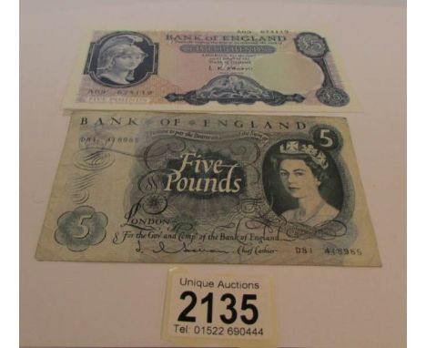 2 old £5 notes signed L K O'Brien and J L Hallam.