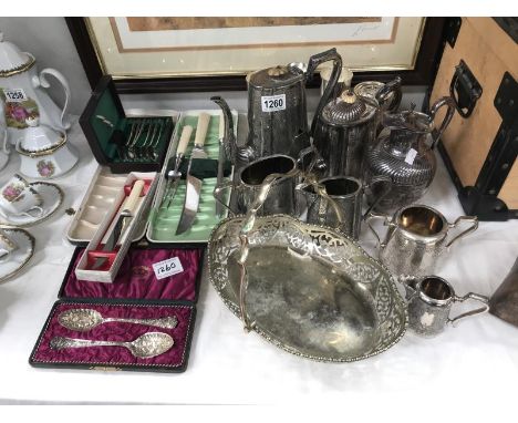 An old silver plated tea/coffee service &amp; cased flatware including exceptional pair of cased berry spoons